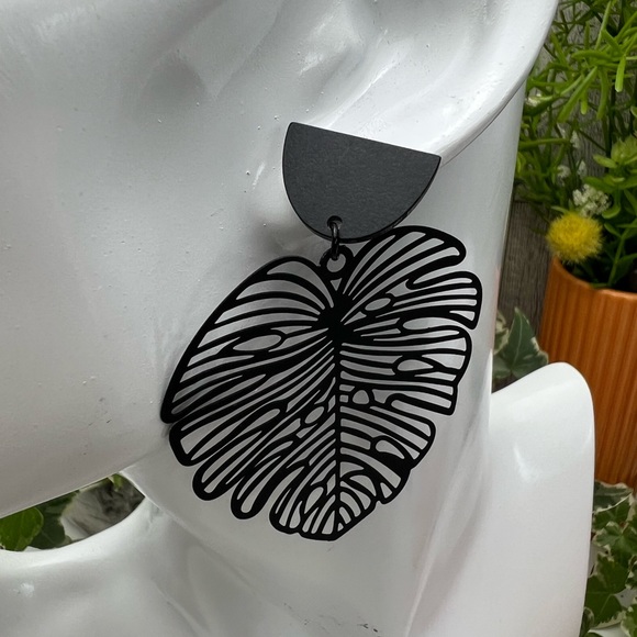 Classic Black Leaf Statement Earrings - Large Bohemian Dangle Earrings - Picture 10 of 12